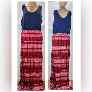 FADED GLORY WOMENS SIZE XL BLUE TOP AND RED AND WHITE STRIPED BOTTOM MAXI DRESS